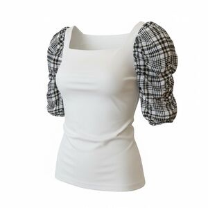 Ann Taylor White Top with Plaid Sleeves